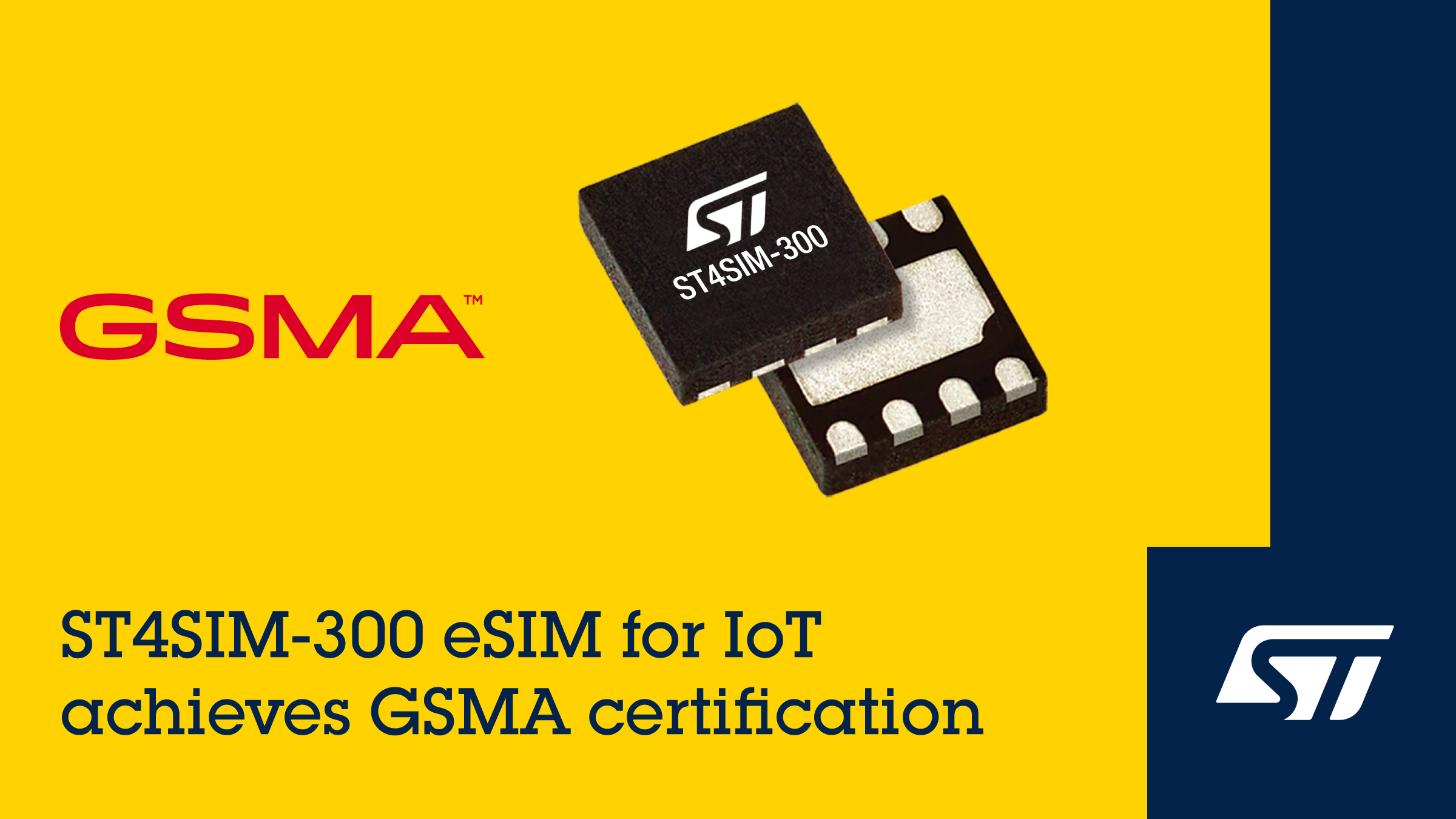 宣传图展示：意法半导体ST4SIM-300 eSIM芯片置于黄色背景之上。文字内容强调：ST4SIM-300物联网eSIM芯片已通过GSMA认证。GSMA徽标位于左侧，意法半导体徽标位于深蓝色背景的右下角。