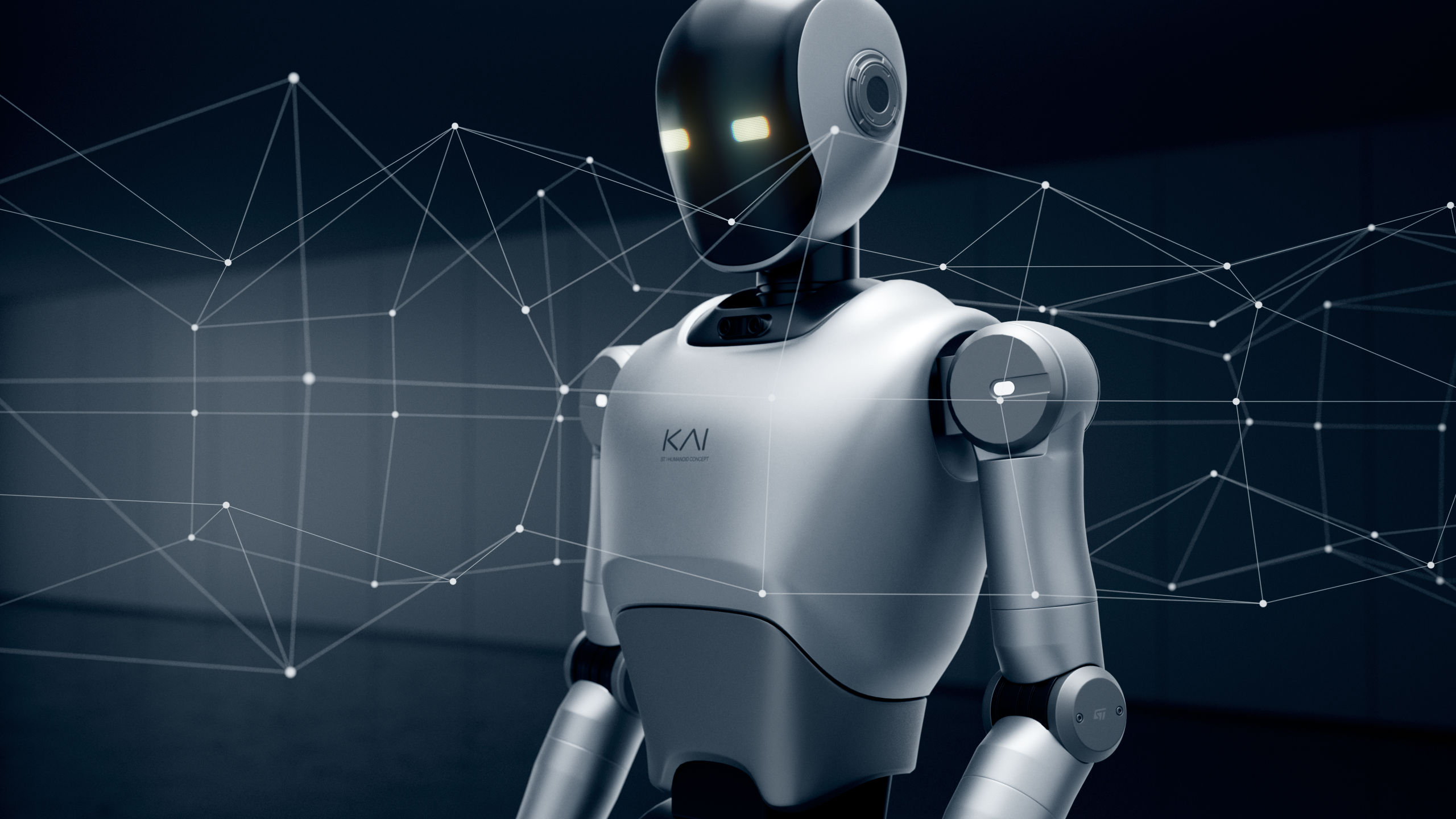 Humanoid robot standing in front of a digital network background