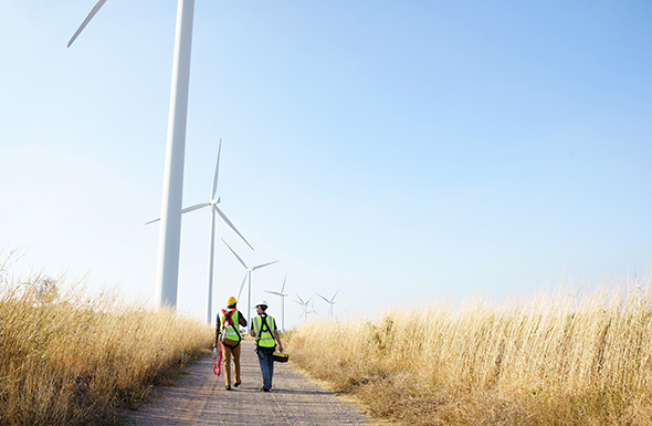 Technicians walking near a field with a windmill