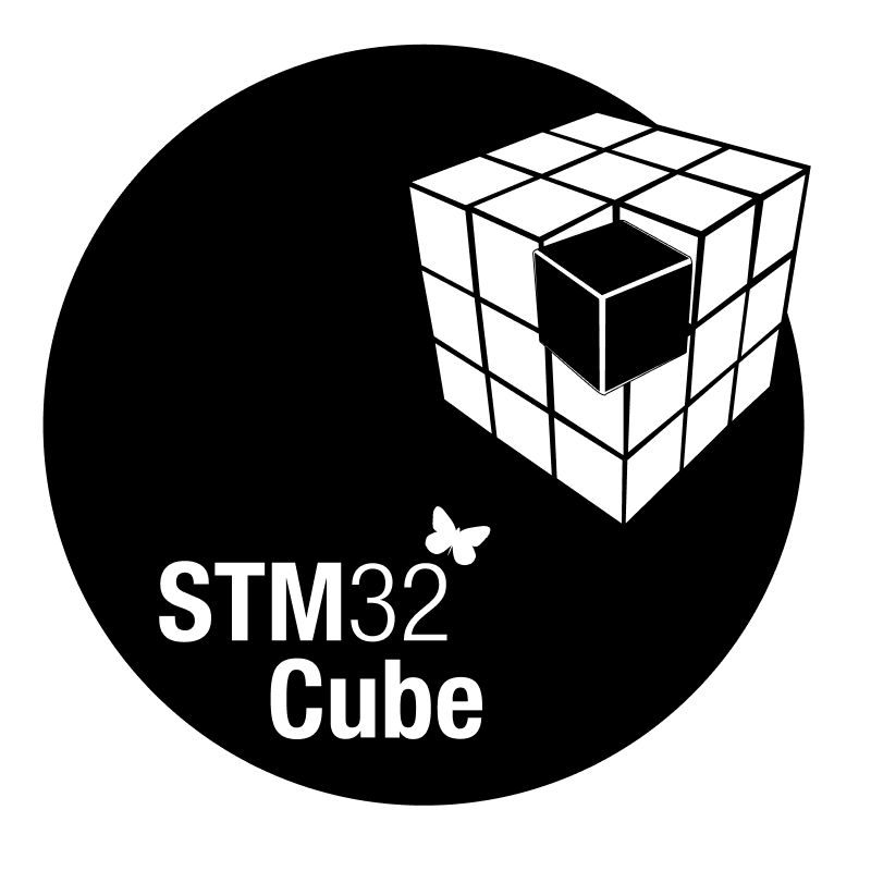 STM32 Cube 标志，包含一个设计感十足的3D立方体，旁边有“STM32 Cube”的文字和一只小蝴蝶。