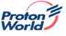 Proton World 标志，配有红蓝双色文字和三条红色横纹