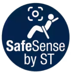 ST的SafeSense标志，配有人物和传感器图标，象征安全检测技术。
