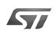 STMicroelectronics 标志，白色的 S 和 T 字母设计简洁，置于灰色背景上。