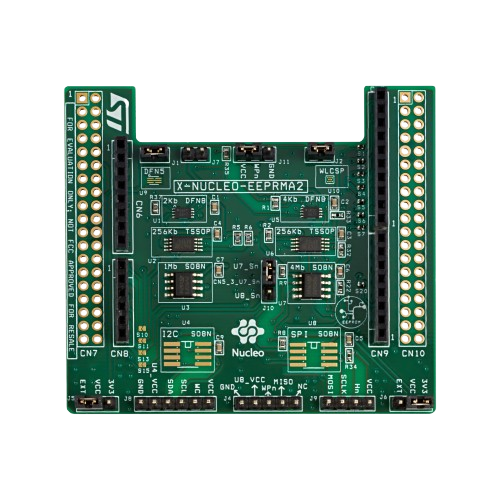 绿色的X-NUCLEO-EEPROM2扩展板，配备多个连接器、集成电路和标记测试点，专为存储器评估与开发而设计。