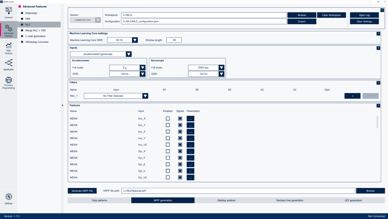 Visual representation of Configure the MEMS machine learning core