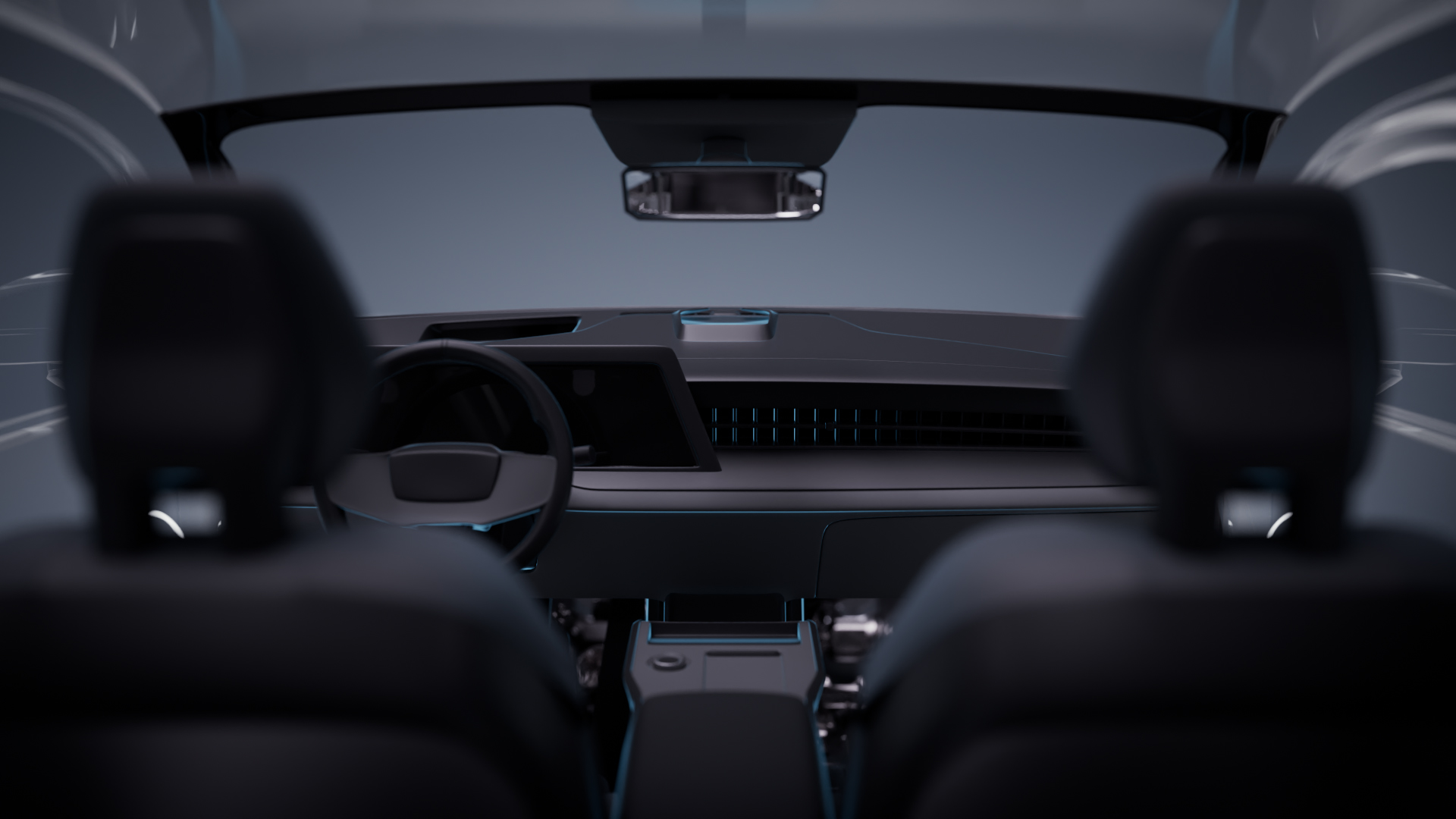 Modern car interior with sleek dashboard and steering wheel.